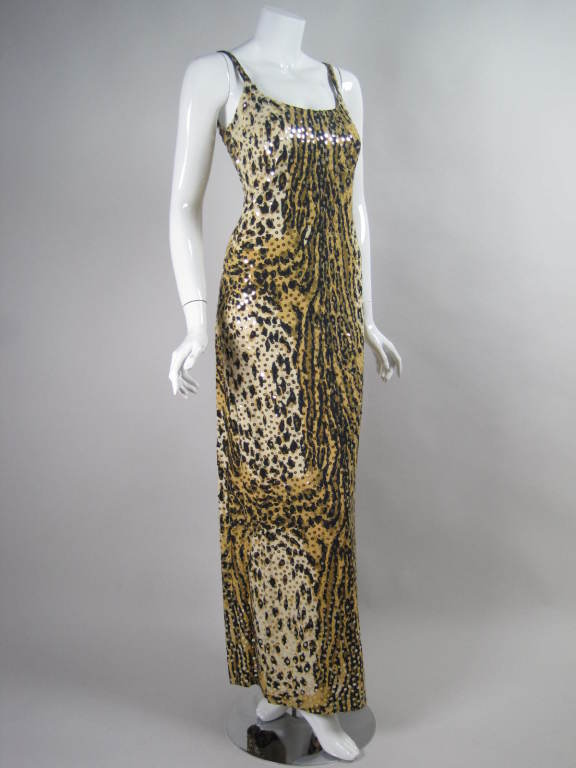 Brown 1970's Mollie Parnis Sequined Leopard Print Gown and Jacket For Sale