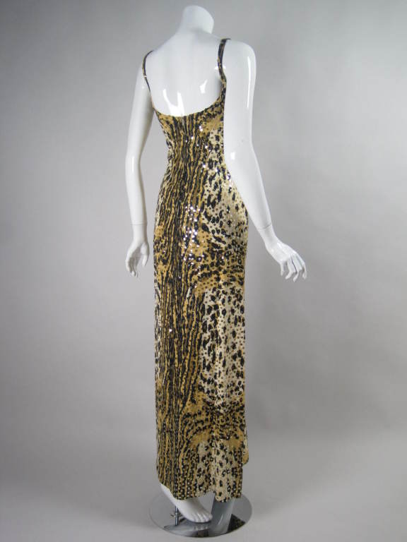 1970's Mollie Parnis Sequined Leopard Print Gown and Jacket In Excellent Condition For Sale In Los Angeles, CA