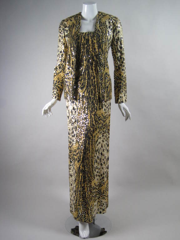 1970's Mollie Parnis Sequined Leopard Print Gown and Jacket For Sale 2