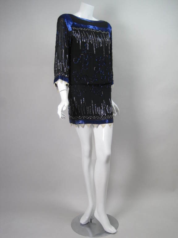 Black 1980's Fabrice Chiffon Cocktail Dress with Blouson Bodice