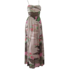 Vintage 1970's Hanae Mori Silk Gown with Floral Print