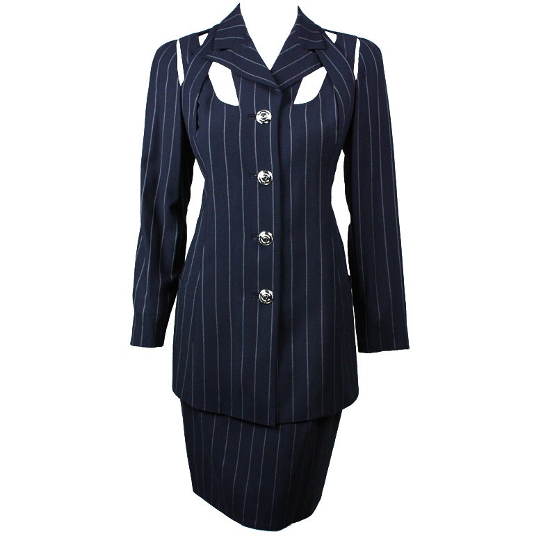 Gianni Versace Pinstriped Suit with Cut-Out Detailing For Sale