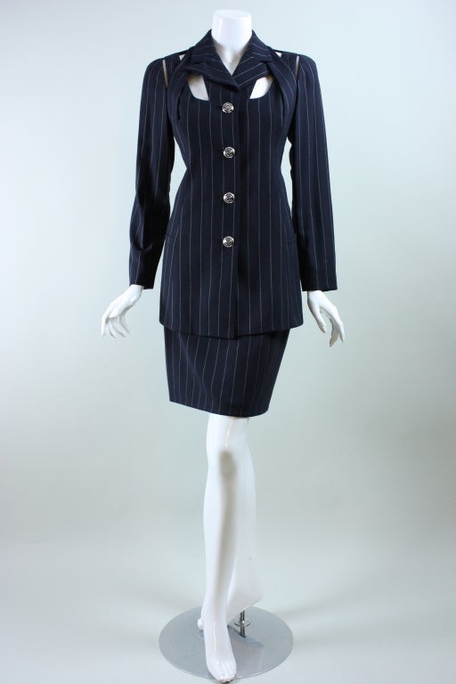 Black Gianni Versace Pinstriped Suit with Cut-Out Detailing For Sale