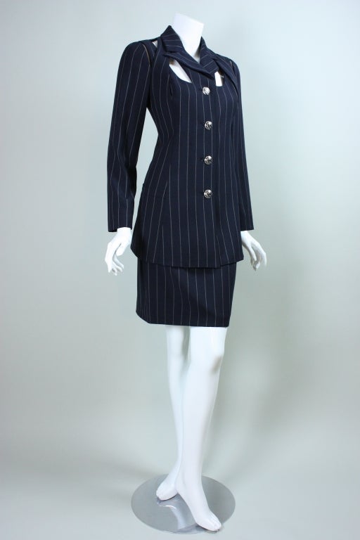 Gianni Versace Pinstriped Suit with Cut-Out Detailing In Excellent Condition For Sale In Los Angeles, CA