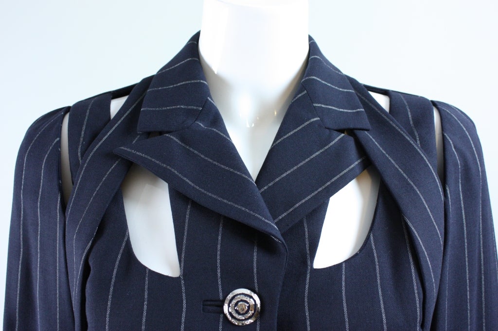Gianni Versace Pinstriped Suit with Cut-Out Detailing For Sale 2