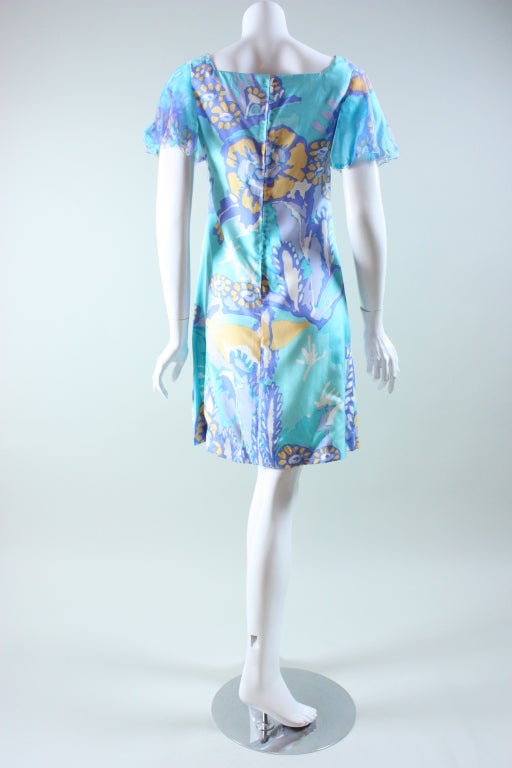 Blue 1960's Italian Printed Silk Cocktail Dress