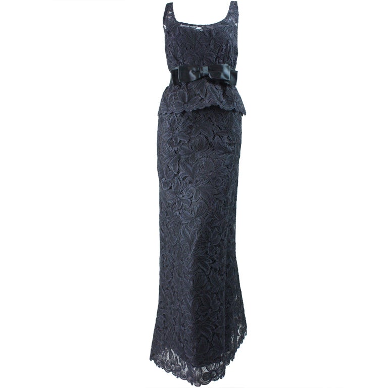 Mollie Parnis Black Lace Gown, 1960s  For Sale