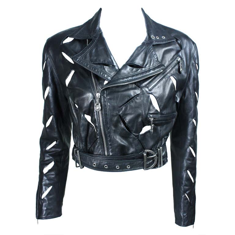 Early 1990's Versace Slashed Leather Motorcycle Jacket at 1stDibs