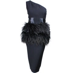 Retro Carolyne Roehm One-Shouldered Cocktail Dress with Ostrich Feather Trim