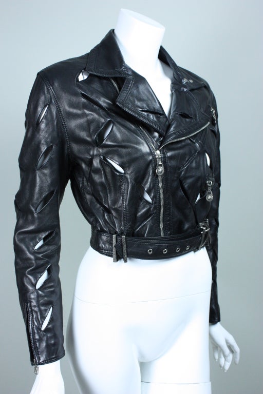 Early 1990's Versace Slashed Leather Motorcycle Jacket at 1stDibs