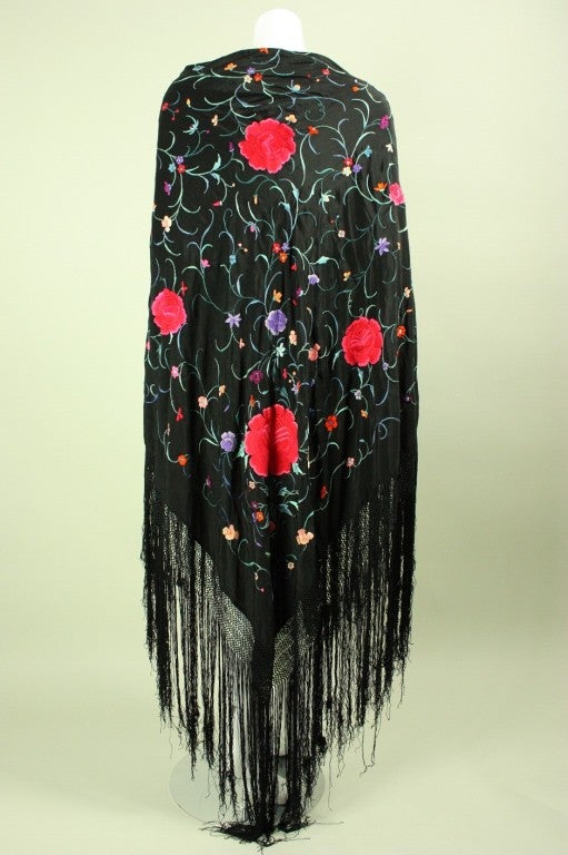 Black 1920's Cantonese Hand-Embroidered Piano Shawl
