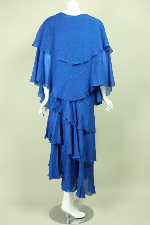 Blue Silk Chiffon Tiered Dress In Excellent Condition For Sale In Los Angeles, CA