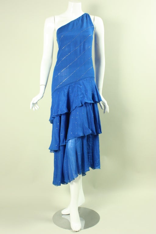 Women's Blue Silk Chiffon Tiered Dress For Sale