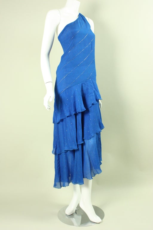 Blue Silk Chiffon Tiered Dress For Sale 1