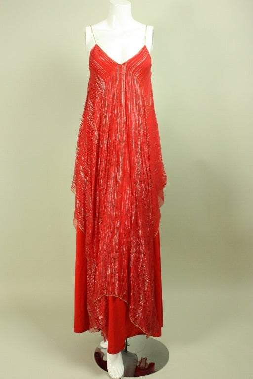 1970's Saks Fifth Avenue Red Chiffon Lamé Gown at 1stDibs