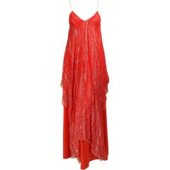 1970's Saks Fifth Avenue Red Chiffon Lamé Gown