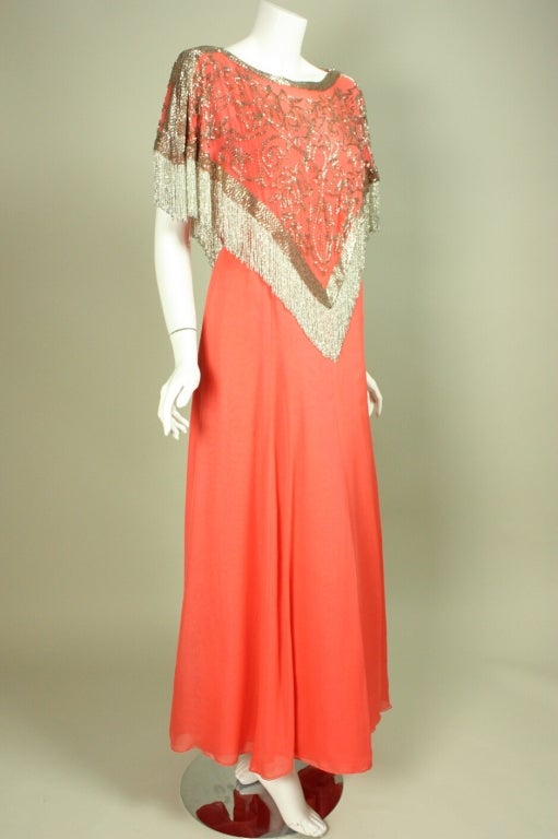 Red Michael Novarese Silk Chiffon Beaded Gown For Sale