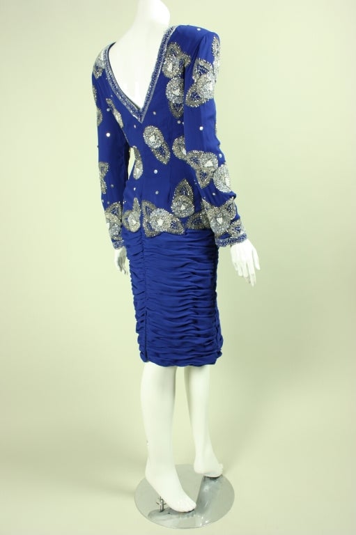 Blue Fabrice Beaded Party Dress, 1980s  For Sale