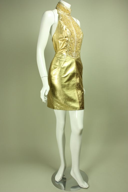 Download 1990's North Beach Gold Leather Halter Dress at 1stdibs
