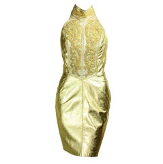 1990's North Beach Gold Leather Halter Dress