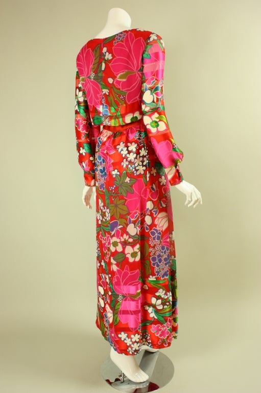 Red Richilene Silk Chiffon Floral Gown, 1970s  For Sale