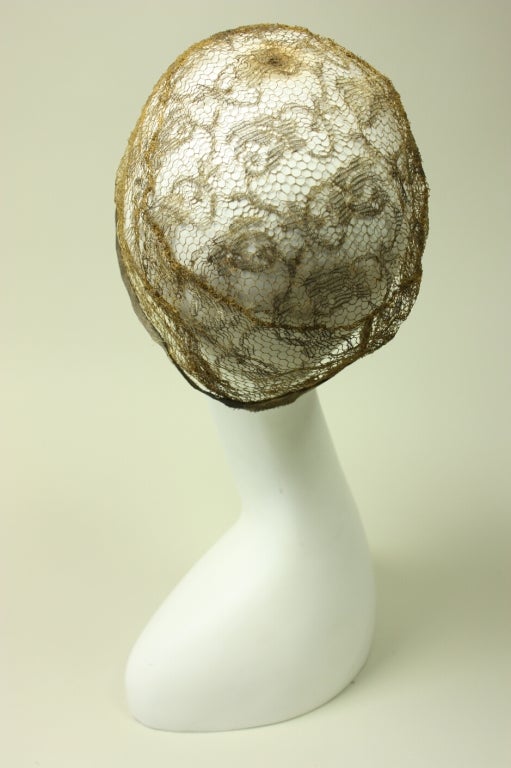 Beige 1920's Metallic Lace Skull Cap For Sale