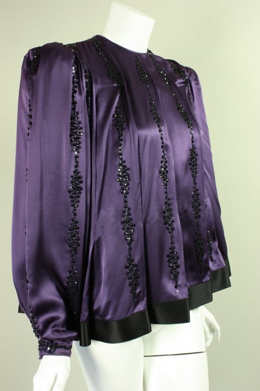 Black 1980's Galanos Purple Silk Beaded Blouse