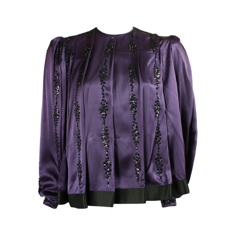 1980's Galanos Purple Silk Beaded Blouse