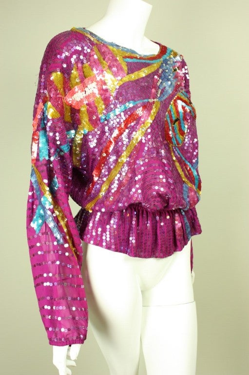 Pink 1980's Neil Bieff Sequined Blouse For Sale
