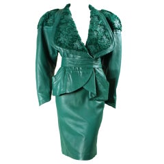 Vintage Jean Claude Jitrois Green Leather Suit with Broadtail Collar