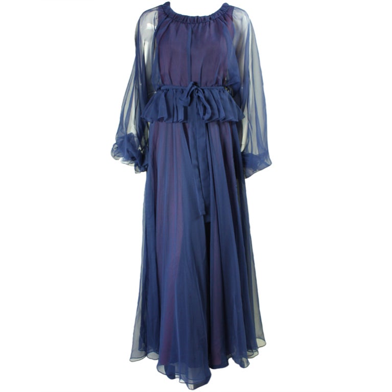 1970
s Jean Varon Blue Chiffon Gown For Sale