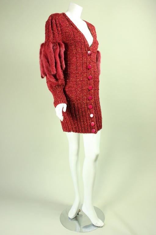 Red 1980's Metallic Sweater with Dyed Mink Sleeve Details