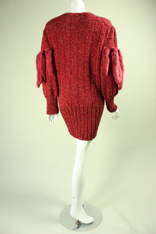 Women's 1980's Metallic Sweater with Dyed Mink Sleeve Details