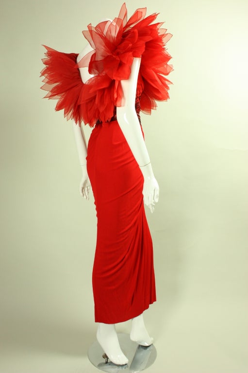 Red Ruben Panis Beaded Gown with Tulip Neckline