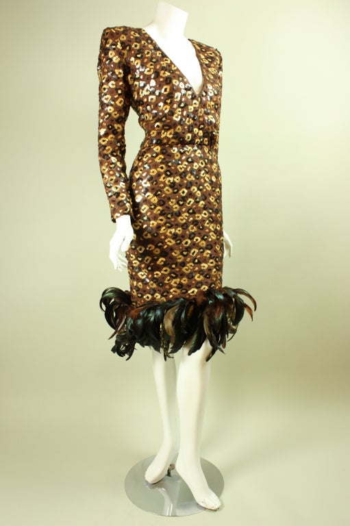 Brown 1980's Givenchy Sequined and Feathered Dress