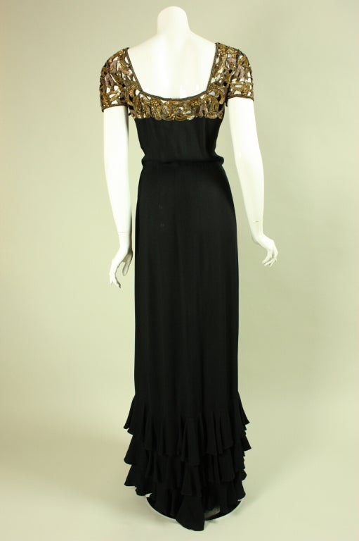 1930's Black Crepe Gown with Sequined and Beaded Detailing 1
