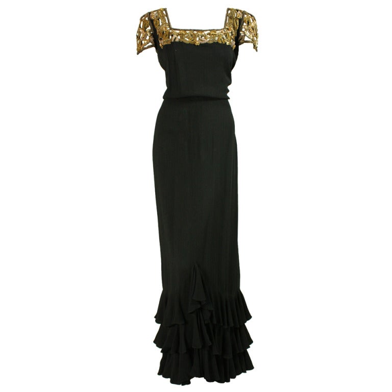 1930's Black Crepe Gown with Sequined and Beaded Detailing at 1stDibs