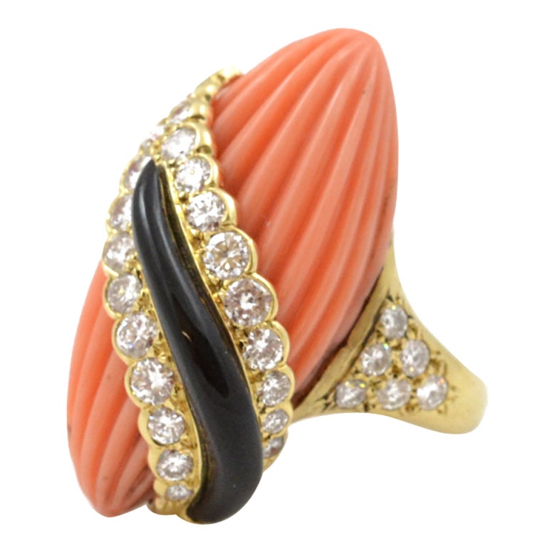 Coral, Onyx & Diamond Ring by Andre Vassort For Sale
