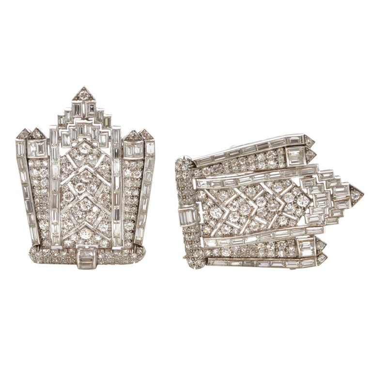 Art Deco Diamond Double Clips For Sale