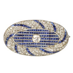 Antique Art Deco Sapphire Diamond Platinum Oval Brooch