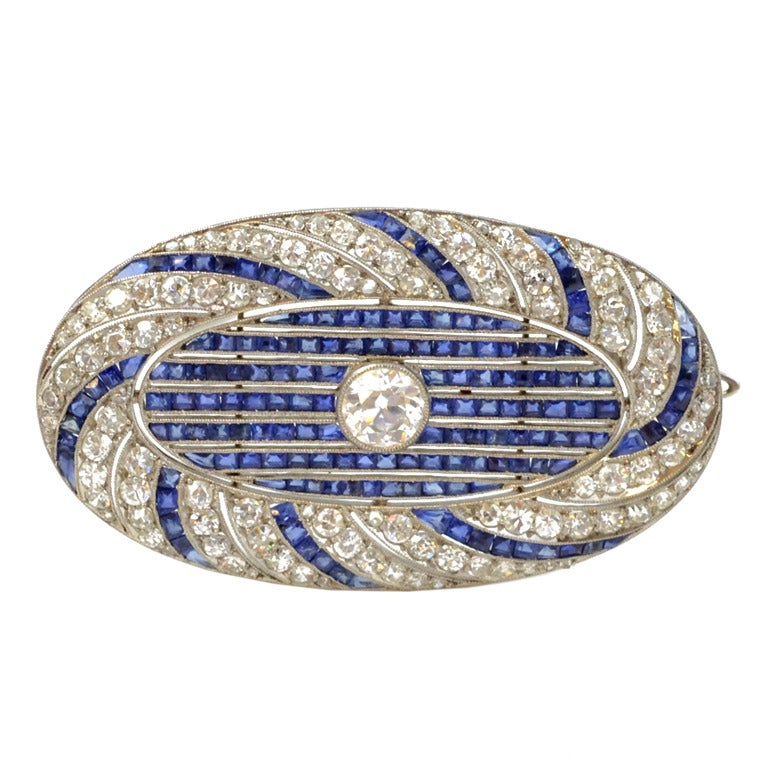 Art Deco Sapphire Diamond Platinum Oval Brooch