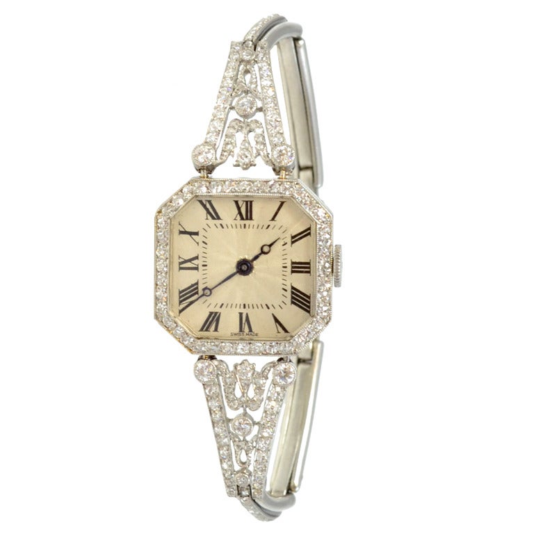 Lady's Platinum and Diamond Bracelet Watch For Sale at 1stDibs