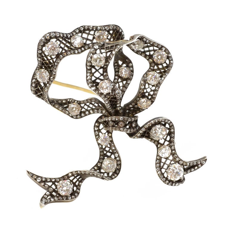 Diamond Gold Silver Bow Brooch For Sale