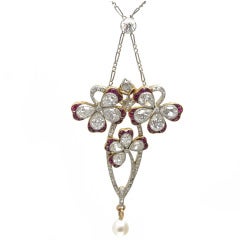 Edwardian Garland Style Ruby Diamond Pearl Platinum Gold Clover Pendant