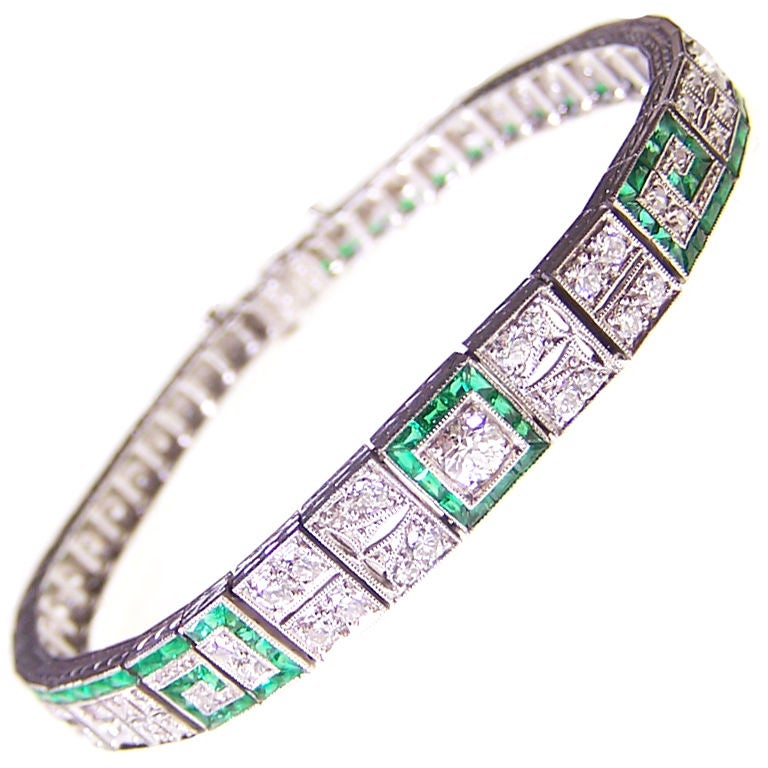 Art Deco Emerald & Diamond Bracelet For Sale