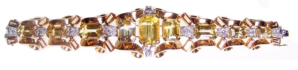 A yellow sapphire, precious topaz and diamond bracelet, mounted in 18kt pink gold and platinum.
