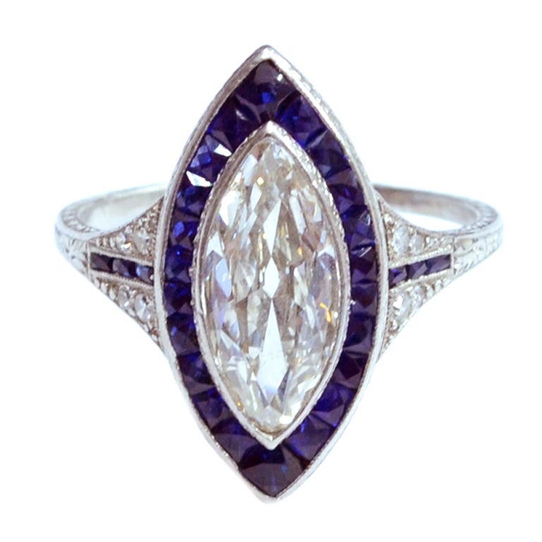 Edwardian Marquise Diamond Sapphire Edged Ring