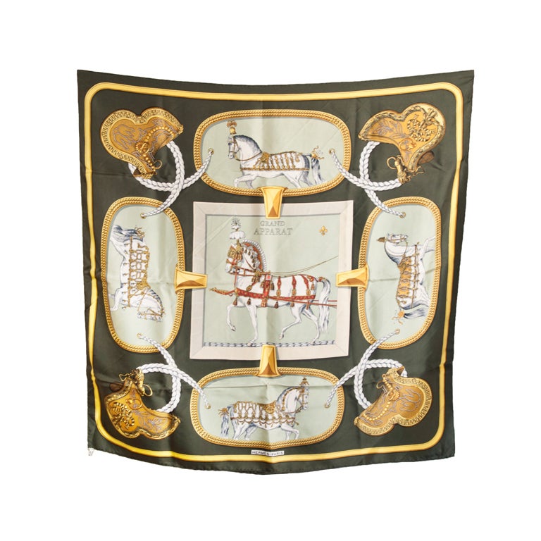 HERMES " GRAND APPARAT " 100% Silk Twill Scarf For Sale