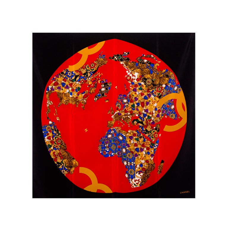 Chanel 100% Silk Twill "Jeweled Map of the World" Scarf For Sale