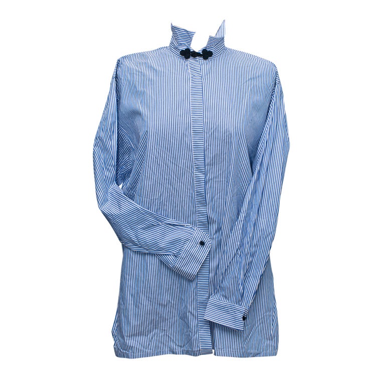 Rifat Ozbeck's  Navy Pinstripe Shirt with Mandarin Detailing